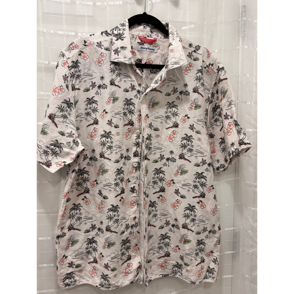 Tommy Bahama Mens Large Linen Cotton Tropical Palm Tree Island Print Shirt